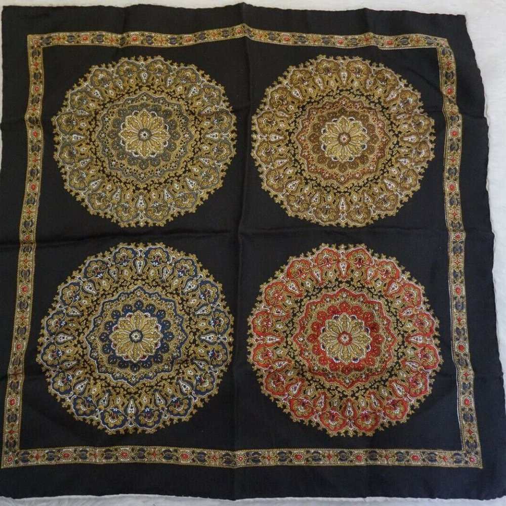 ASHEAR Mandala Paisley Silk Square Scarf 19" ITALY Hand Rolled